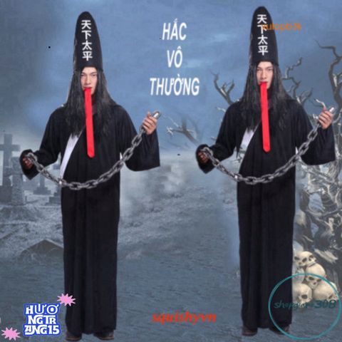 Bộ Trang Phục Halloween Cương Thi - Bạch Vô Thường với Mặt Nạ, Tóc Nhân Tạo và Đồ Trang Trí Hắc Ám Thú Vị