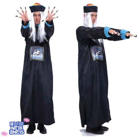 Bộ Trang Phục Halloween Cương Thi Kinh Dị Kèm Mặt Nạ & Tóc Giả - Trang Phục Hóa Trang Thầy Pháp Sư Cho Bữa Tiệc Cosplay