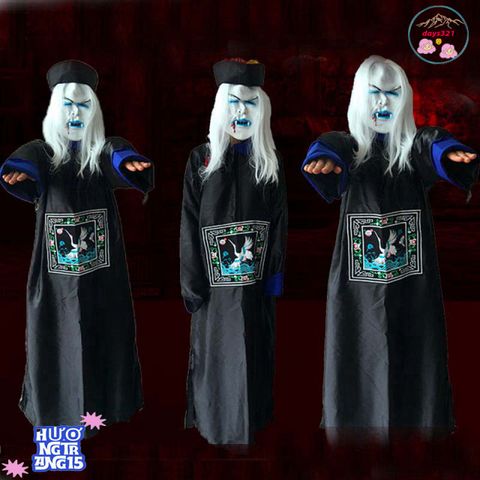 Bộ Trang Phục Halloween Cương Thi Kinh Dị Kèm Mặt Nạ & Tóc Giả - Trang Phục Hóa Trang Thầy Pháp Sư Cho Bữa Tiệc Cosplay