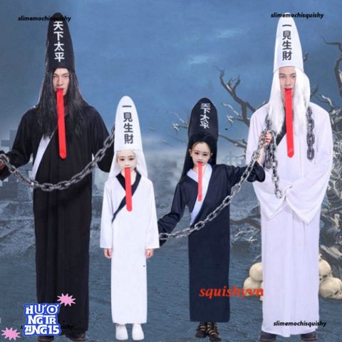 Trang phục Halloween Thần Chết Hắc Bạch Vô Thường - Áo choàng, mũ và găng tay bí ẩn cho bữa tiệc hóa trang ấn tượng