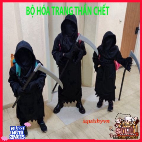 Bộ 4 Món Trang Phục Thần Chết Halloween Cho Trẻ Em và Người Lớn - Áo Choàng, Mặt Nạ, Găng Tay, Lưỡi Hái Ma Quái