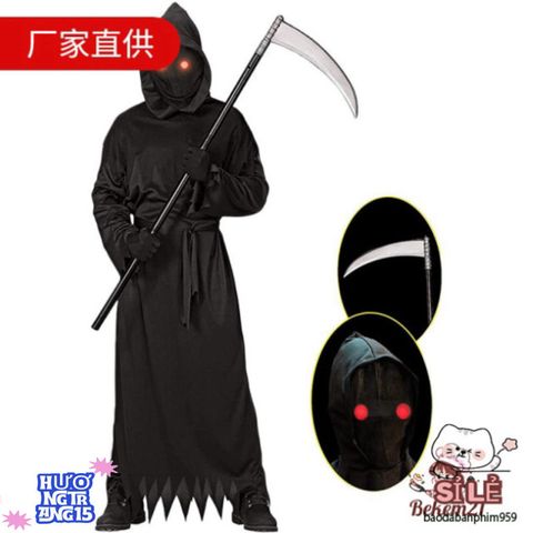 Bộ 4 Món Trang Phục Thần Chết Halloween Cho Trẻ Em và Người Lớn - Áo Choàng, Mặt Nạ, Găng Tay, Lưỡi Hái Ma Quái