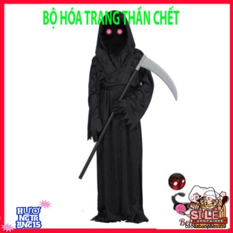 Bộ 4 Món Trang Phục Thần Chết Halloween Cho Trẻ Em và Người Lớn - Áo Choàng, Mặt Nạ, Găng Tay, Lưỡi Hái Ma Quái