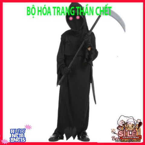 Bộ 4 Món Trang Phục Thần Chết Halloween Cho Trẻ Em và Người Lớn - Áo Choàng, Mặt Nạ, Găng Tay, Lưỡi Hái Ma Quái