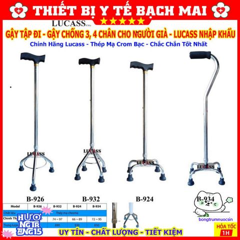 Gậy Tập Đi LUCASS 3, 4 Chân - Dành Cho Người Cao Tuổi, Điều Chỉnh Chiều Cao, Chính Hãng Nhập Khẩu, Dụng Cụ Hỗ Trợ Đi Bộ An Toàn