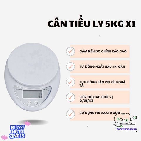 Cân Điện Tử Mini WH-B05 - Cân Làm Bánh Chính Xác 1-5kg, Kèm 2 Pin AA Thông Minh, Dễ Dàng Sử Dụng Tại Nhà Bếp