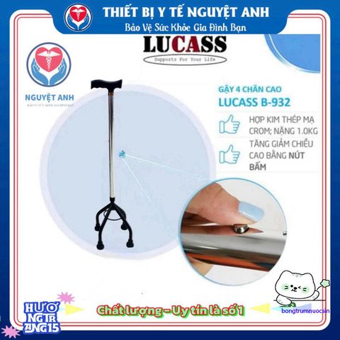 Gậy Chống Đỡ 4 Chân LUCASS B932 Inox Cao Cấp - Hỗ Trợ Di Chuyển An Toàn Cho Người Cao Tuổi, Phục Hồi Chức Năng