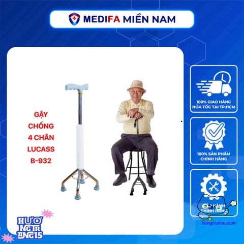 Gậy Chống Lucass BK32 - Gậy Đi Bộ 4 Chân Cao Cấp Dành Cho Người Già, Điều Chỉnh Chiều Cao, An Toàn Chống Trơn Trượt