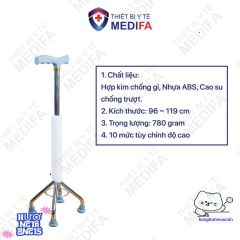 Gậy Chống Lucass BK32 - Gậy Đi Bộ 4 Chân Cao Cấp Dành Cho Người Già, Điều Chỉnh Chiều Cao, An Toàn Chống Trơn Trượt