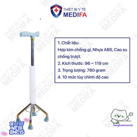 Gậy chống 4 chân Oromi cho người già - Gậy batoong điều chỉnh chiều cao linh hoạt, an toàn và chắc chắn, hỗ trợ đi lại dễ dàng
