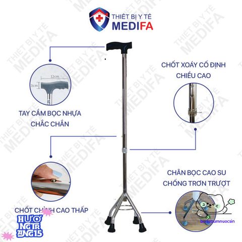Gậy chống 4 chân Oromi cho người già - Gậy batoong điều chỉnh chiều cao linh hoạt, an toàn và chắc chắn, hỗ trợ đi lại dễ dàng