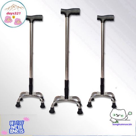 Gậy Chống Người Già 4 Chân Điều Chỉnh INOX - Thiết Bị Tập Đi An Toàn Dành Cho Người Cao Tuổi & Khuyết Tật