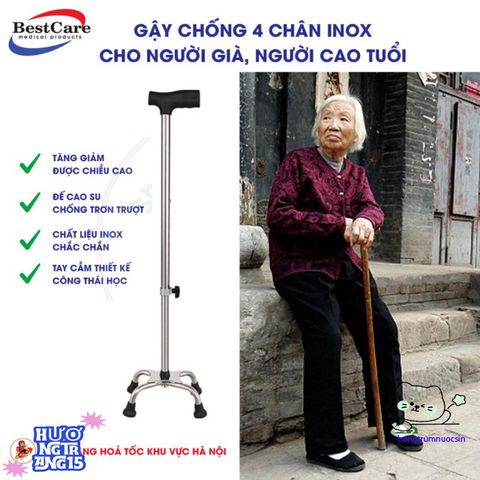 Gậy Đỡ 4 Chân Inox Điều Chỉnh Chiều Cao 80-98cm - Gậy Tập Đi An Toàn Dành Cho Người Già, Hỗ Trợ Phục Hồi Chức Năng