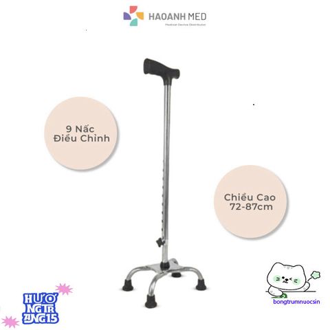 Gậy Chống 4 Chân Điều Chỉnh Cao Nhôm/Inox Bền Bỉ - Hỗ Trợ Đi Lại Cho Người Cao Tuổi, 63-88 cm