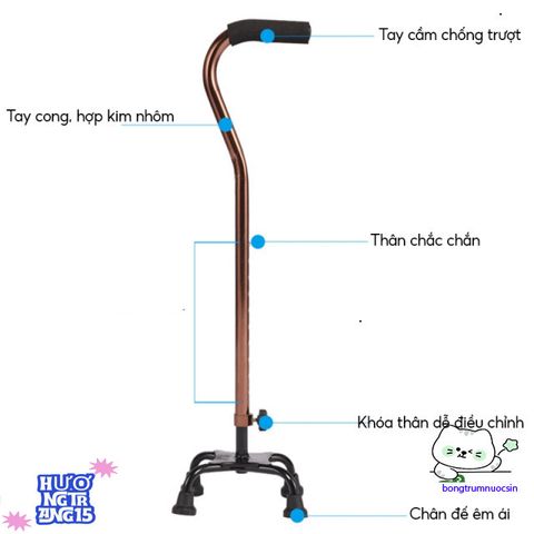 Gậy Chống 4 Chân Nhôm Điều Chỉnh 67-90cm - Hỗ Trợ Đi Lại Cho Người Cao Tuổi, An Toàn và Đáng Tin Cậy
