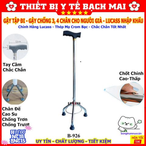 Gậy Tập Đi Lucass 3-4 Chân - Gậy Chống Trượt Điều Chỉnh Chiều Cao cho Người Già và Người Khuyết Tật