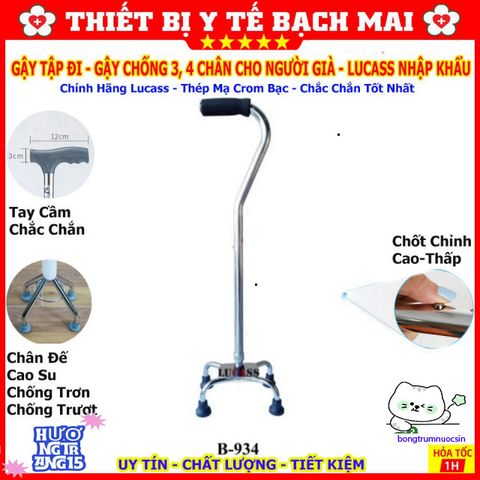 Gậy Tập Đi Lucass 3-4 Chân - Gậy Chống Trượt Điều Chỉnh Chiều Cao cho Người Già và Người Khuyết Tật