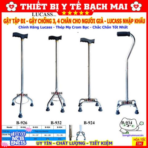Gậy Tập Đi Lucass 3-4 Chân - Gậy Chống Trượt Điều Chỉnh Chiều Cao cho Người Già và Người Khuyết Tật
