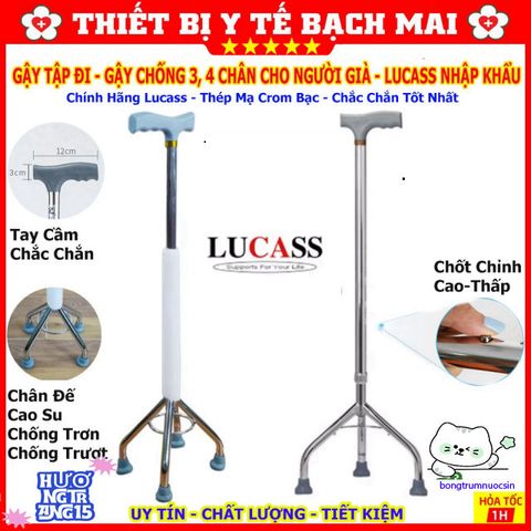 Gậy Tập Đi Lucass 3-4 Chân - Gậy Chống Trượt Điều Chỉnh Chiều Cao cho Người Già và Người Khuyết Tật