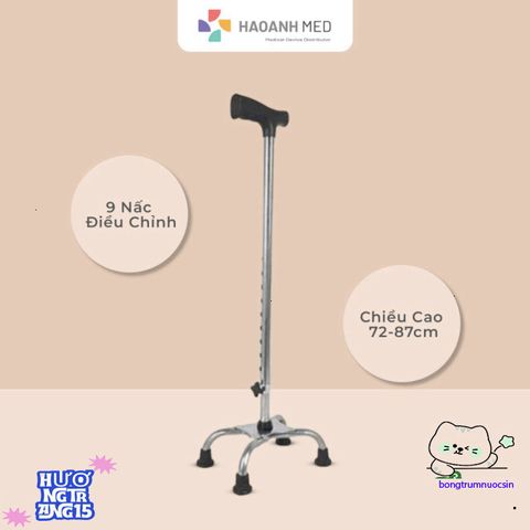 Gậy Đi Bộ 4 Chân Chống Trượt Điều Chỉnh Cao từ 63-87cm cho Người Cao Tuổi - Hợp Kim Nhôm và Inox Chắc Chắn, Thoải Mái Sử Dụng