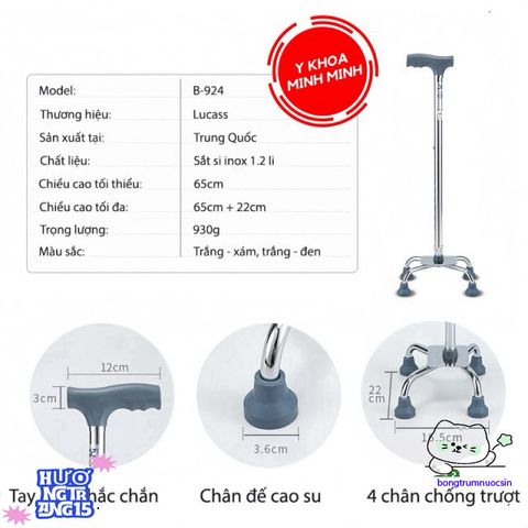 Giá Đỡ Lucass Đen B-924 B-926 B-932 - Gậy Hỗ Trợ Đi Lại Điều Chỉnh Chiều Cao, Chống Trượt An Toàn Cho Người Khuyết Tật