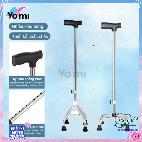 Gậy Chống Trượt Inox Bốn Chân Điều Chỉnh Cao 65-90cm - Thiết Bị Đi Lại Dành Cho Người Già, Hỗ Trợ Phục Hồi Chấn Thương