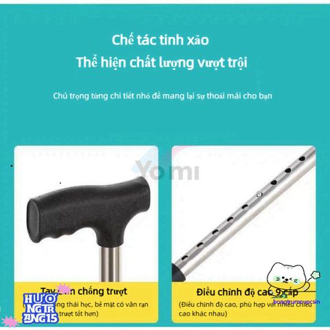 Gậy Chống Trượt Inox Bốn Chân Điều Chỉnh Cao 65-90cm - Thiết Bị Đi Lại Dành Cho Người Già, Hỗ Trợ Phục Hồi Chấn Thương