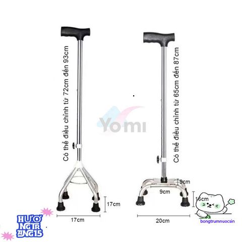 Gậy Chống Trượt Inox Bốn Chân Điều Chỉnh Cao 65-90cm - Thiết Bị Đi Lại Dành Cho Người Già, Hỗ Trợ Phục Hồi Chấn Thương