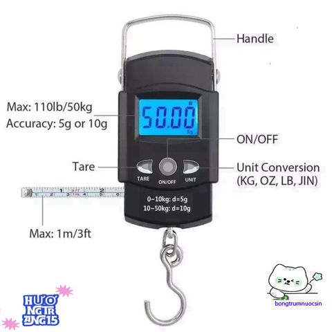 Cân Điện Tử Xách Tay 50kg/10g - Cân Sức Khỏe Với Móc Treo, Thước Dây, Độ Chính Xác Cao, Thiết Kế Nhỏ Gọn