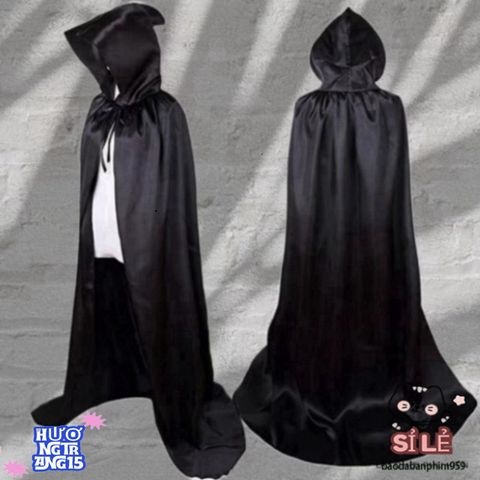 Áo Choàng Halloween Đen Mũ Trùm Đầu - Hóa Trang Phù Thủy & Ma Cà Rồng Cho Trẻ Em & Người Lớn - Thời Trang Cosplay 90/120 cm