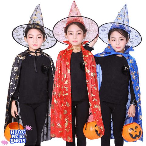Áo Choàng Phù Thủy Đen Cho Trẻ Em - Bộ Hóa Trang Halloween Huyền Bí, Phụ Kiện Hóa Trang Siêu Chất