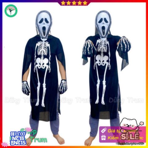 Bộ trang phục hóa trang Halloween Áo Xương Ma Quái với Mặt Nạ và Găng Tay - Đầy Bí Ẩn và Huyền Bí cho Dịp Lễ Hội