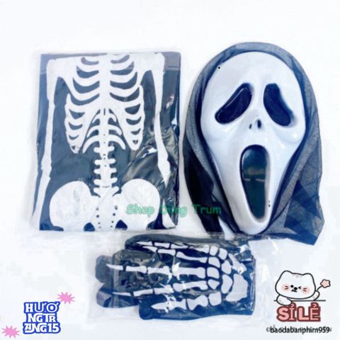 Bộ trang phục hóa trang Halloween Áo Xương Ma Quái với Mặt Nạ và Găng Tay - Đầy Bí Ẩn và Huyền Bí cho Dịp Lễ Hội