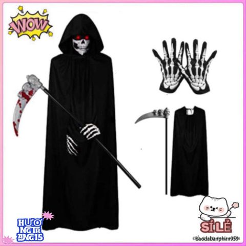 Bộ Trang Phục Thần Chết Halloween 3 Món - Áo Khoác Trùm Đầu & Găng Tay Xương - Lựa Chọn Kinh Dị Hoàn Hảo Cho Bữa Tiệc Ma Quái