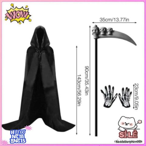 Bộ Trang Phục Thần Chết Halloween 3 Món - Áo Khoác Trùm Đầu & Găng Tay Xương - Lựa Chọn Kinh Dị Hoàn Hảo Cho Bữa Tiệc Ma Quái