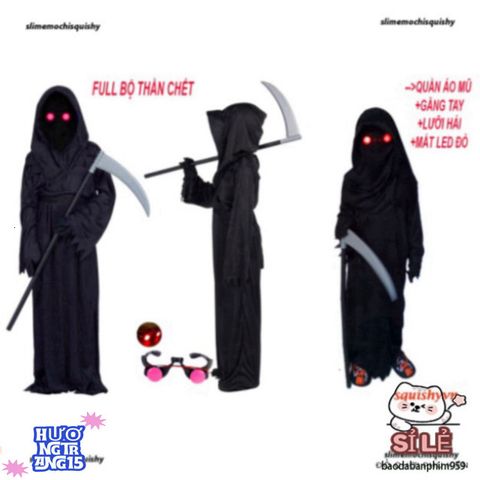 Bộ trang phục Halloween Thần Chết LED Đỏ - Áo choàng, găng tay và lưỡi hái tử thần - Trang phục ma quái cho tiệc hóa trang, cosplay