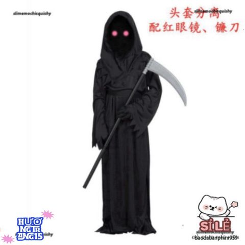 Bộ trang phục Halloween Thần Chết LED Đỏ - Áo choàng, găng tay và lưỡi hái tử thần - Trang phục ma quái cho tiệc hóa trang, cosplay
