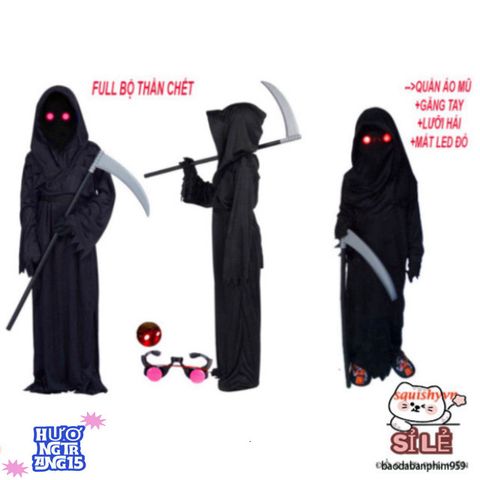Bộ Trang Phục Thần Chết Full Set 4 Món - Áo Choàng, Găng Tay, Kính LED Đỏ Rực, Lưỡi Hái Kinh Dị Cho Halloween