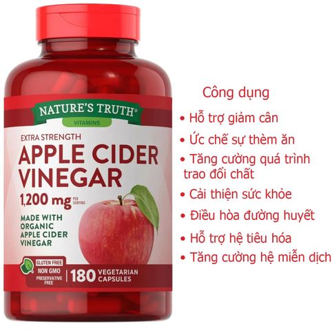 Viên Uống Giấm Táo Nature's Truth 1200mg - 180 Viên Hỗ Trợ Giảm Cân, Tiêu Hóa và Chế Độ Ăn Uống Lành Mạnh - Xuất Xứ Mỹ
