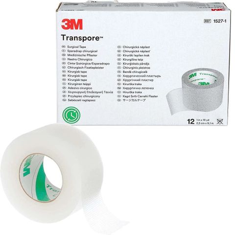 Hộp 12 Cuộn Băng Keo Y Tế Trong Suốt 3M Transpore 1527 - Kích Thước 2,5cm x 9,1m - Dính Bền, Nhẹ, Dễ Xé, An Toàn Cho Da