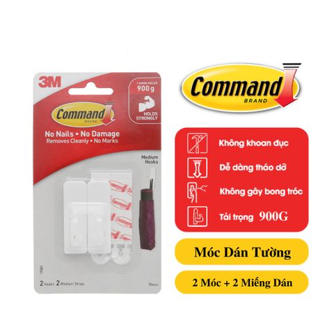 Móc treo tường 3M COMMAND™ 17501ANZ, chịu trọng tải 900g/ móc, 2 móc/vỉ, sản xuất tại Singapore