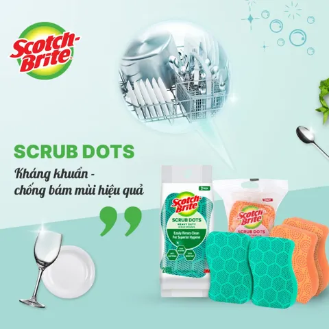 Combo 3 Miếng Cọ Rửa Chén 3M Scotch-Brite - Mút Hạt Mài Nổi Kháng Khuẩn, Chống Bám Bẩn, Dễ Dùng Trong Nhà Bếp