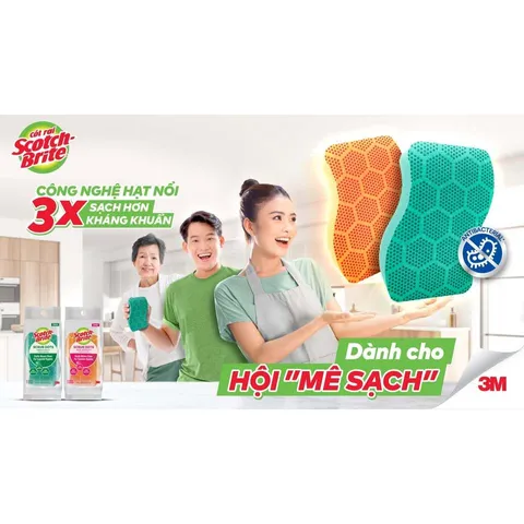 Combo 3 Miếng Cọ Rửa Chén 3M Scotch-Brite - Mút Hạt Mài Nổi Kháng Khuẩn, Chống Bám Bẩn, Dễ Dùng Trong Nhà Bếp
