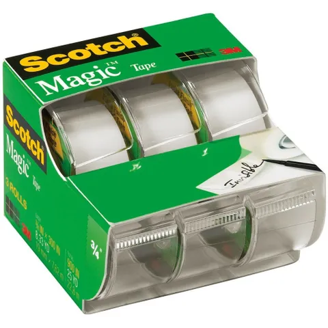 Vỉ 3 cuộn băng keo ma thuật Scotch 3M 3105, trong suốt, dễ cắt, tặng kèm máy cắt, thương hiệu Mỹ