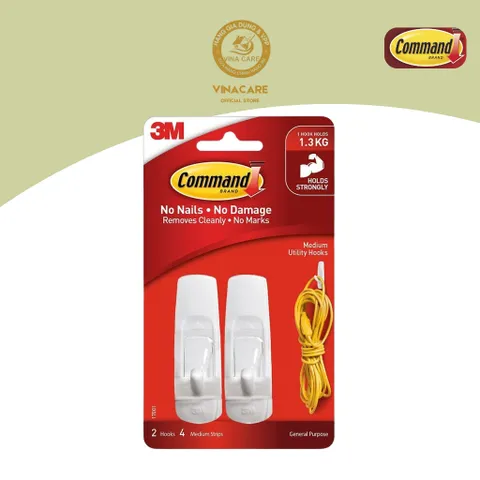 Móc dính tường 3M COMMAND™ 17001ANZ, chịu trọng tải 1.3 kg/ móc, 2 móc/vỉ, sản xuất tại Singapore