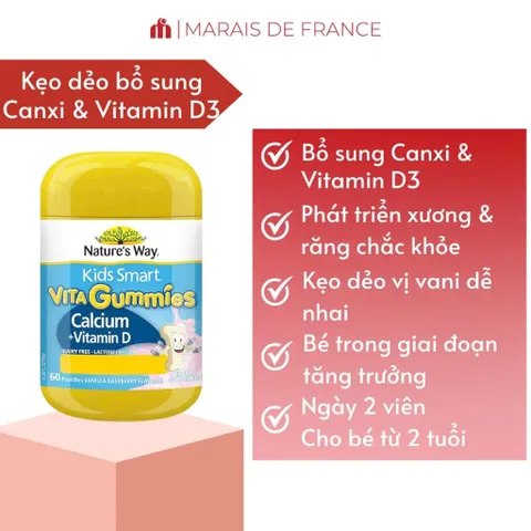 Kẹo Dẻo Canxi & Vitamin D3 Nature’s Way - Bổ Sung Canxi & Hỗ Trợ Phát Triển Xương Cho Trẻ Em, Vị Vani Ngon Miệng, Hàng Úc Chất Lượng