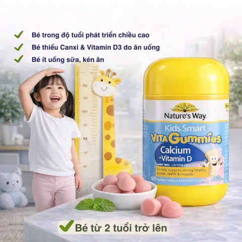 Kẹo Dẻo Canxi & Vitamin D3 Nature’s Way - Bổ Sung Canxi & Hỗ Trợ Phát Triển Xương Cho Trẻ Em, Vị Vani Ngon Miệng, Hàng Úc Chất Lượng