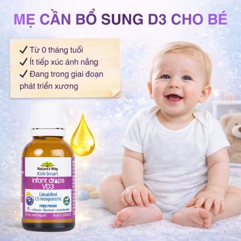 Vitamin D3 Nature’s Way Kids Smart 13ml - Giọt Nhỏ Hỗ Trợ Xương Cho Trẻ Sơ Sinh - Dinh Dưỡng Thiết Yếu Cho Bé