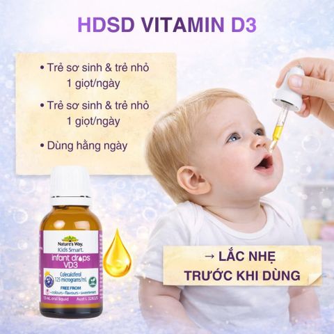 Vitamin D3 Nature’s Way Kids Smart 13ml - Giọt Nhỏ Hỗ Trợ Xương Cho Trẻ Sơ Sinh - Dinh Dưỡng Thiết Yếu Cho Bé