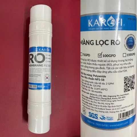 Màng Lọc RO Karofi 100GPD Hàn Quốc - Lõi Số 4 Đúc Nguyên Khối Vô Trùng, Xử Lý Nước TDS Cao, Thời Gian Sử Dụng 24-36 Tháng